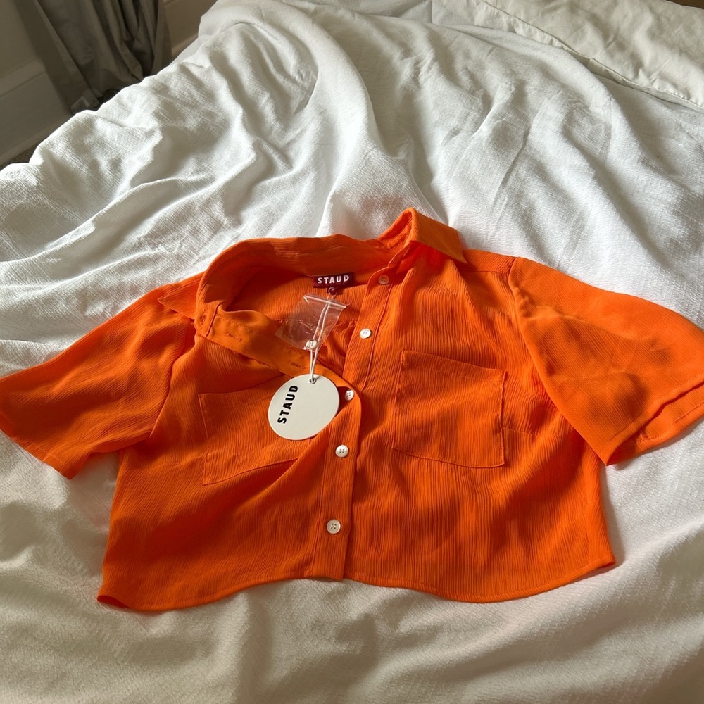 Staud monarch cropped orange button down top